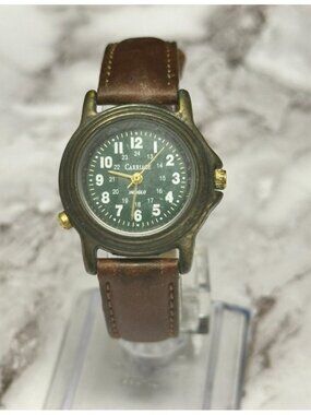 Vtg. Carriage Watch Women Bronze Tone Green Indiglo Dial Leather New Battery 8"